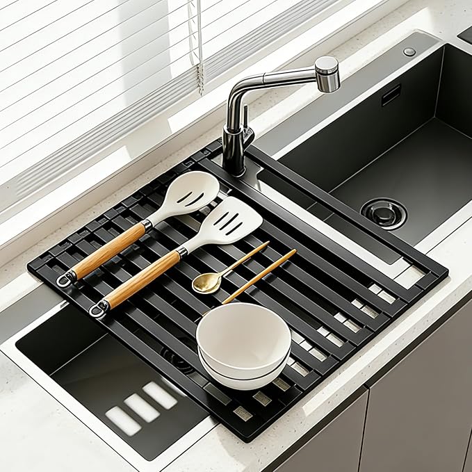 Foldable Over Sink Dish Drying Rack, Extra Wide & Thick Rust-Proof Aluminum Sink Cover for Counter Space, Collapsible Dish Drying Rack Fits Most Kitchen Sinks (Black, 13.8“x13.6)