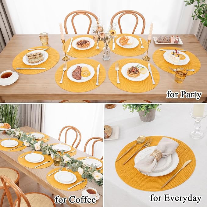 SHACOS 15 inch Round Braided Placemats Set of 6 Non Slip Washable Kitchen Table Place Mats Cotton Polyester Heat Resistant Table Mats for Home Wedding Dinner Party Table Decor, Mustard Yellow