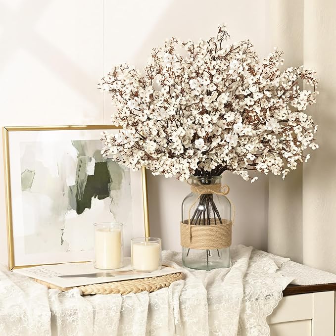 Waipfaru 6 Pcs Fake Flowers Babys Breath Silk, Real Touch White Artificial Flowers Bulk with Bendable Stems, White Faux Flowers Babys Breath for Spring Summer Wedding Valentine's Day Party Table Decor
