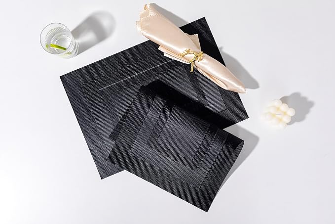 LEXMORE Placemats Set of 6 Vinyl/Plastic Woven Place Mats for Kitchen Table Indoor/Outdoor Washable Placemat Wipeable Dining Table Mats(Black Cube)