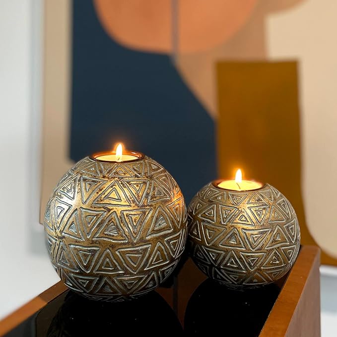Rustic Gold Orb Tea Light Candle Holders - (Gift Boxed Set of 2 Aurum Collection) Coffee Table Decor (Triangular Pattern, Gold and Gray)