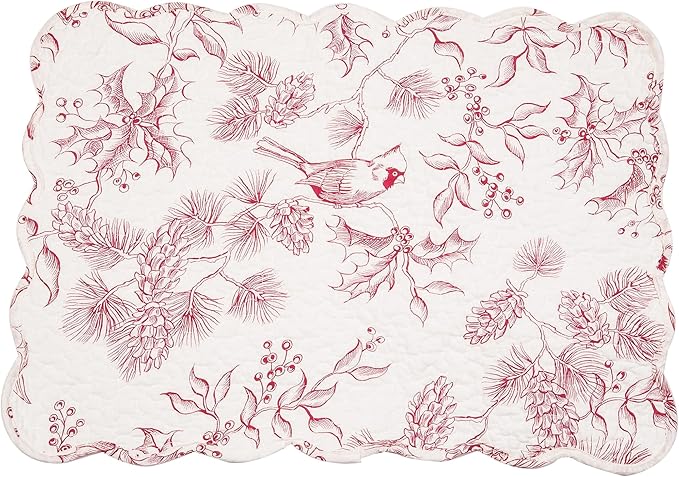 C&F Home Red Cardinal & Winter Branches Vintage Quilted 100% Cotton Set of 6 Rectangle Placemats 13" x 19" Christmas Xmas Festive Winter Holidays Home Kitchen Tabletop Machine Wash Decor Reversible