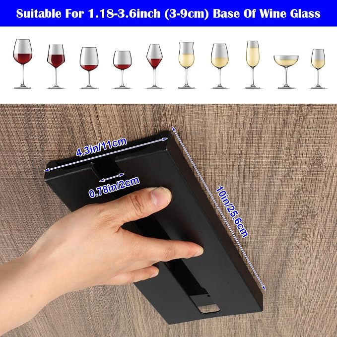 8 Pack Wine Glass Holder Under Cabinet Rack - Black Plastic Stemware Hangers for Kitchen, Bar, Restaurant Storage - Space Saving No Drill Installation