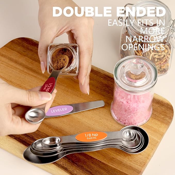 ChefAide Pack of 8 Stainless Steel Magnetic Measuring Spoons Set, Dual Sided, Stackable, Adjustable Teaspoon and Tablespoon Measure Spoon with Leveler, Kitchen Gadgets