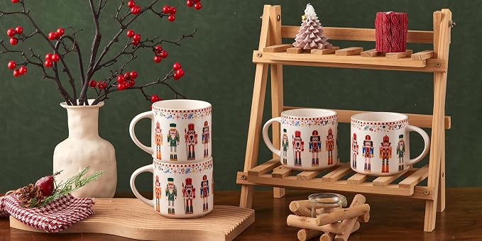 Bico Christmas Soldier Ceramic Mug Set of 4, Christmas Coffee Mugs, 19oz Holiday Cups for Tea, Cocoa, or Hot Drinks, Microwave & Dishwasher Safe