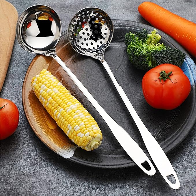Soup Spoon Stainless Steel Heavy Duty Big Soup Ladle Colander Serving Spoon with Attractive Mirror Finish, Perfect for Hotpot Stirring, Serving Soup, Deep Wide Enough 2PCS (Soup Spoons - 12")
