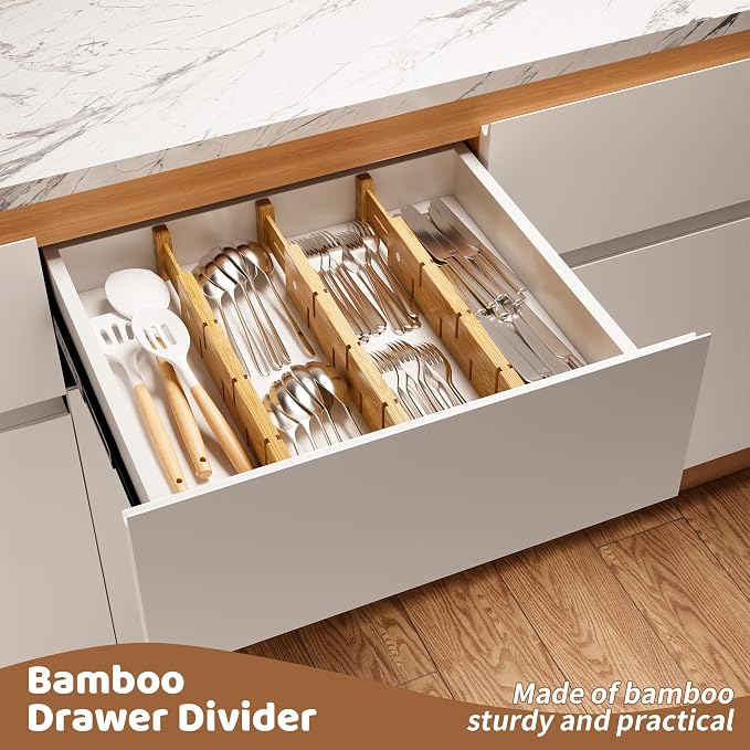 Bamboo Drawer Dividers with Inserts kitchen drawer organizer Adjustable Expandable 8 Pack Organizer Set for Kitchen Bedroom Bathroom Office 8 Dividers with 16 Inserts (Natural, Small (14-19IN))