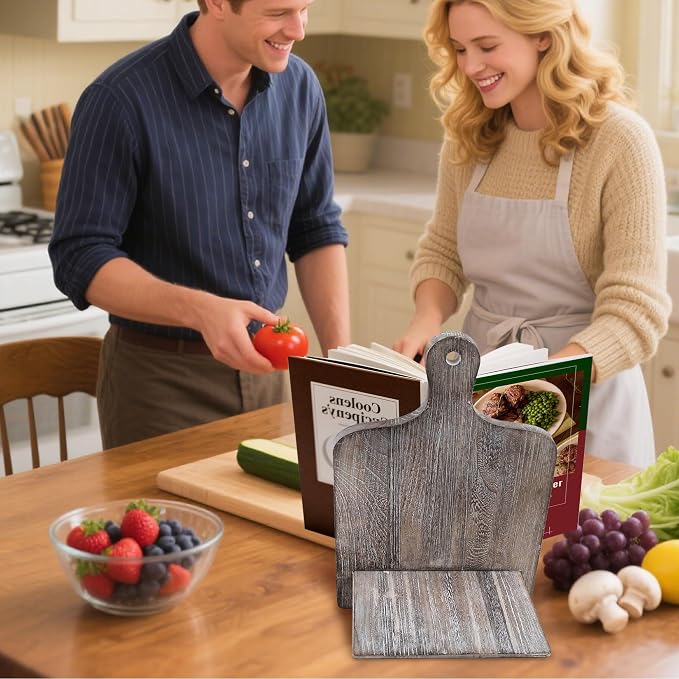 Cookbook Stand Recipe Book Stand: Cook Book Stand for Kitchen Counter, Rustic Cook Book Stand Adjustable Tablet Cookbook Holder, Wood Cutting Board Style Cooking Gift for Woman - Gray