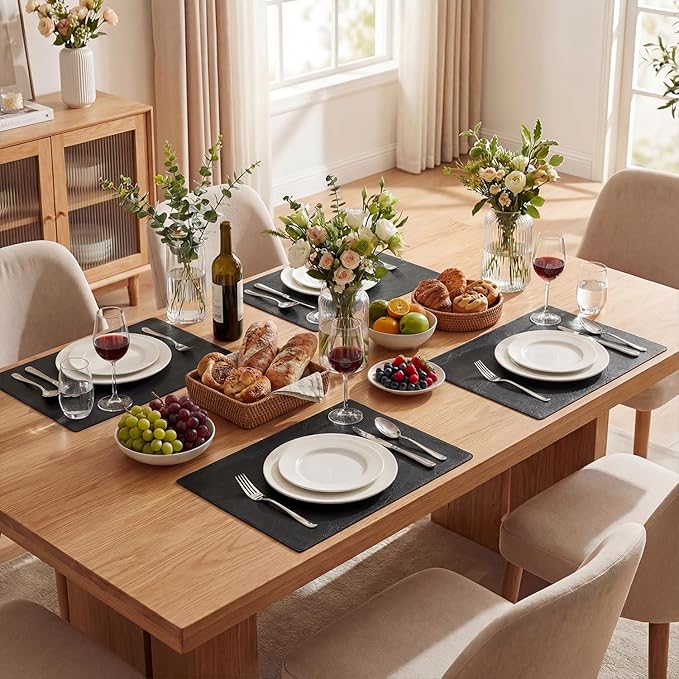 Artoid Mode Black Faux Leather Placemats Set of 6, 12x18 Inch Waterproof Wipeable Heat Resistant Vinyl Place Mats, Reversible Table Mats for Kitchen Dining Decor