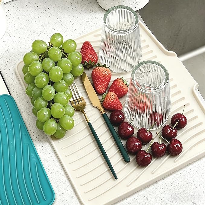 Silicone Dish Drying Mat,Dish Drying Pad,Kitchen Accessories,with Built-In and Non-Slip Drain,Easy Clean, Fit for Kitchen, Bar, RV, Refrigerator and Drawer Liner, 19.7*17 in Off White 1PCS by EBIGIC