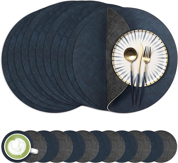 13-Inch Faux Leather Round Placemats Set of 12, Waterproof Anti-Slip Dual Sided Place mats, Heat Resistant Washable Table Mats with Coaster, Suitable for Indoor & Outdoor (12, Black Navy Blue)