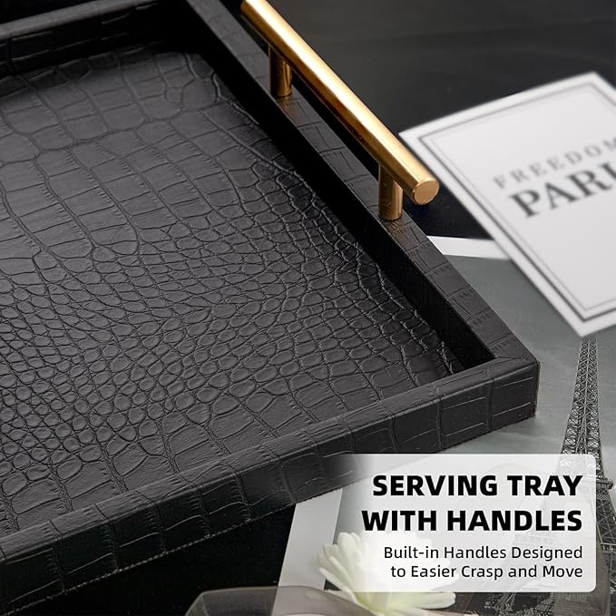 Modern Elegant Large Wood Serving Tray, Set of 2 Black Crocodile Leather with Gold Polished Metal Handles, Home Decorative Rectangle Ottoman Decor Platter Living Room Bathroom Vanity Tray