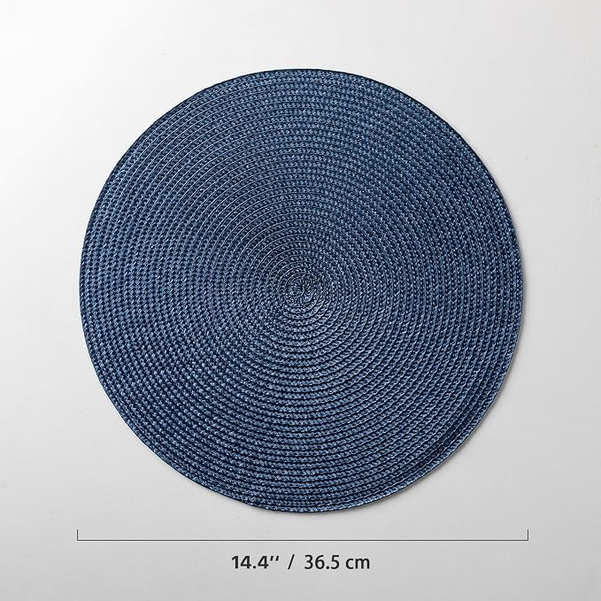 Baroyal Round Placemats Set of 12 Plastic Woven Placemats Washable Wipeable Table Mats for Dining Table Heat Resistant Non-Slip Circle Place Mats (Navy Blue)