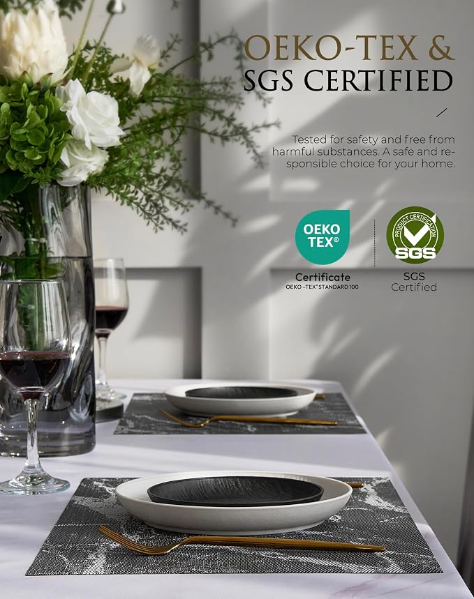 Leetaltree Reversible Marble Placemats Set of 8 - Ships Flat and Stays Flat, Durable Washable Vinyl PVC Placemats, Heat Resistant, Easy Wipe Clean (Black Marble Pattern)