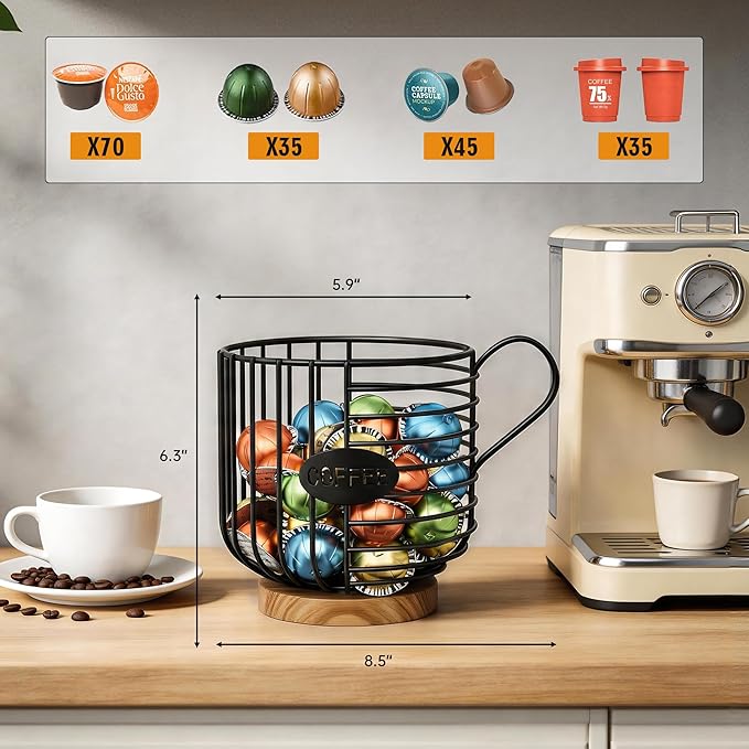Coffee Pod Holder, 45+ Large Capacity Wire K Cup Storage Organizer with Solid Wood Base, Anti-Slip Coffee Capsule Holder for Kitchen Bar Counter, Compatible with K-Cups/Nespresso Espresso Capsules