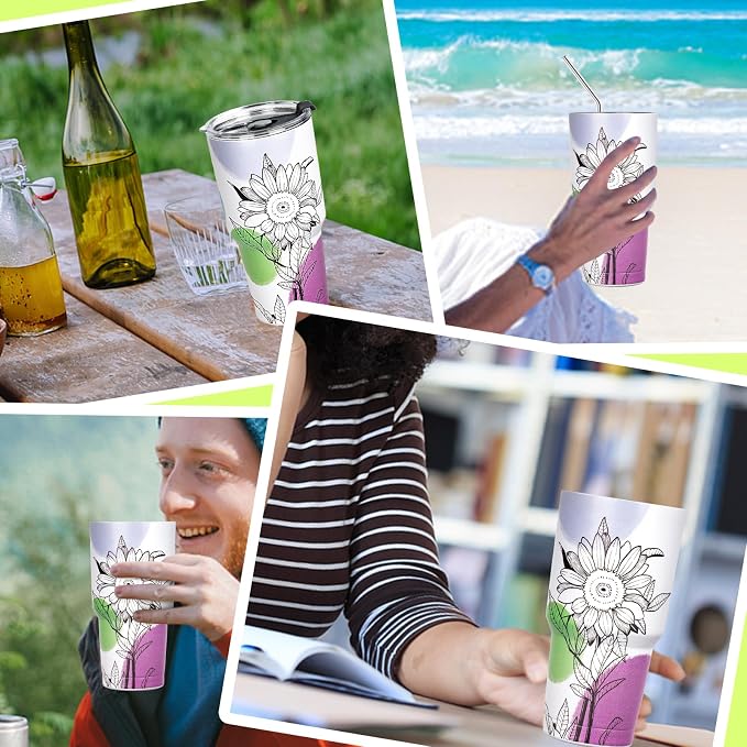 30 oz Tumbler with Lids and Straws Double Wall Insulated Tumbler Cup,Stainless Steel Leak-proof Thermal Coffee Tumbler Powder Coated Travel Mug for Cold and Hot Beverages,Sunflower