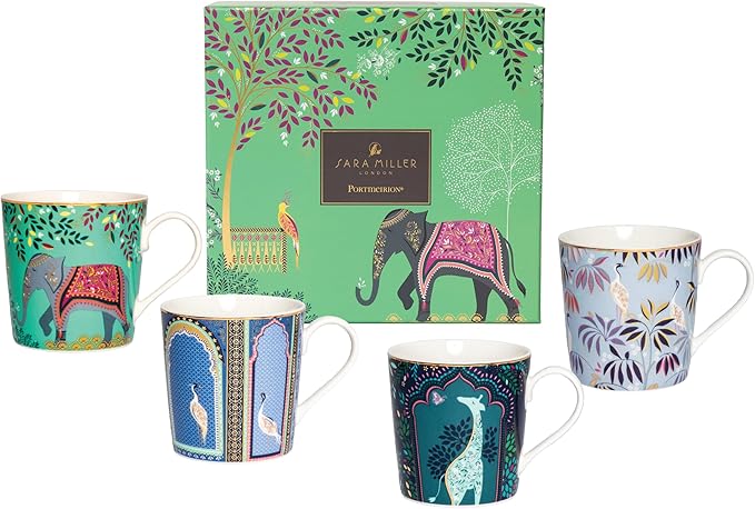 Sara Miller India Mugs, Set of 4 - 12oz Fine China Tea & Coffee Mugs with 22ct Gold Detailing - Collectible Drinkware Featuring Exotic Wildlife in Vibrant Jewel Tones - Great for Gifting