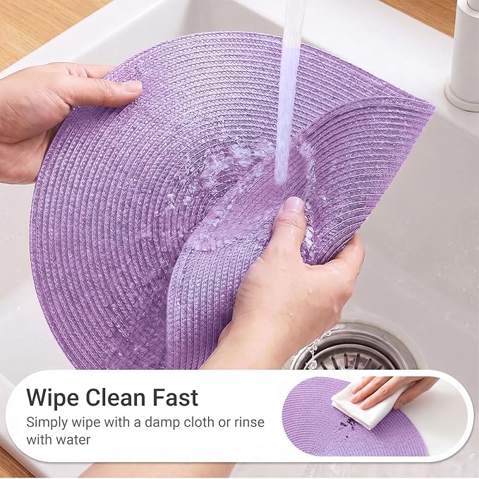 FunWheat Round Braided Placemats Set of 6 Table Mats for Dining Tables Woven Washable Non-Slip Place mats 15 inch(Lilac Purple, 6pcs)