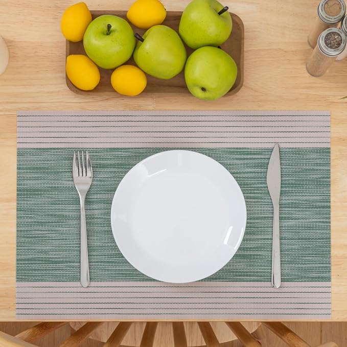 Winknowl Placemats, Set of 8 Heat Resistant Stain Resistant Woven Vinyl Insulation Place mats, Durable Washable Elegant Table Mats for Dining (Striped Green)