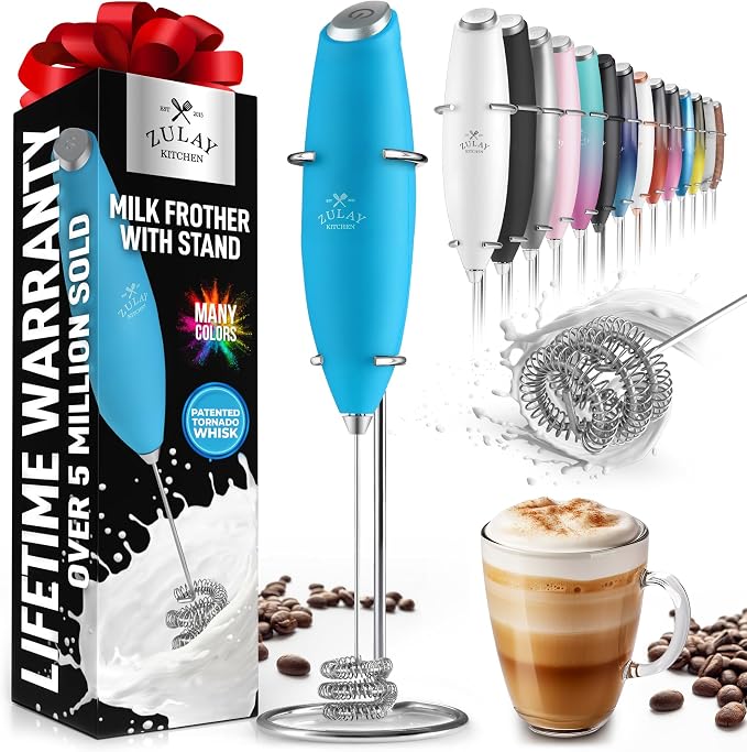 Zulay Powerful Milk Frother for Coffee with Upgraded Titanium Motor - Handheld Electric Whisk, Milk Foamer, Mini Mixer & Coffee Blender for Frappe, Latte, Matcha, No Stand - Pacific Blue