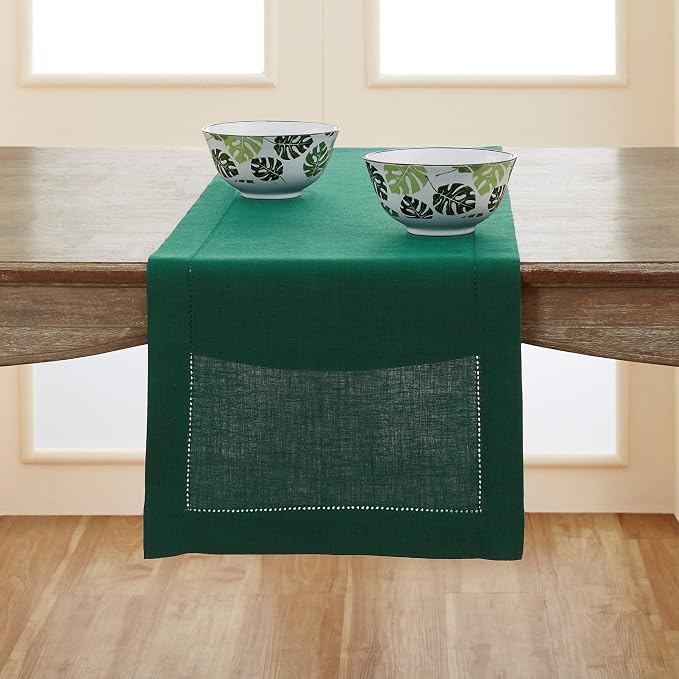 Solino Home Linen Rainforest Green Table Runner 120 Inches Long - 100% Pure Linen Hemstitch 14 x 120 Inch Table Runner for Dining - Classic Hemstitch