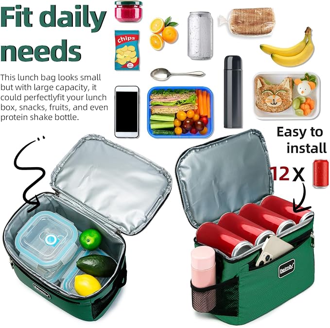 BEIMILY Lunch Box for Men/Women,Small Insulated Lunch Bag,Reusable LunchBox for work Picnic Beach,Leakproof Soft Cooler Tote Bag Organizer with Adjustable Shoulder Strap for Adults(Blackish Green)