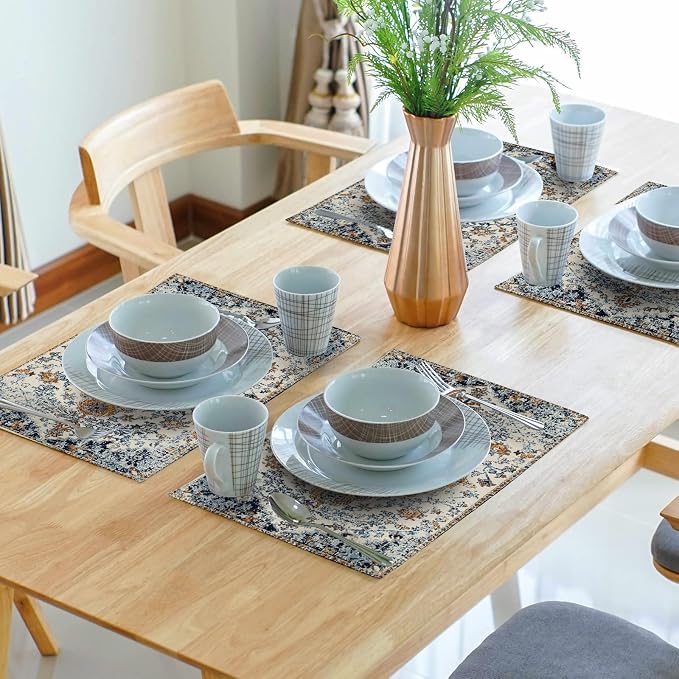 Brown Navy Blue Ethnic Boho Placemats Set of 4 Bohemian Carpet Vintage Gold Black Tan Floral Linen Washable Kitchen Dining Table Mats Stain Heat-Resistant Desktop Place for Home Party 12x18 in