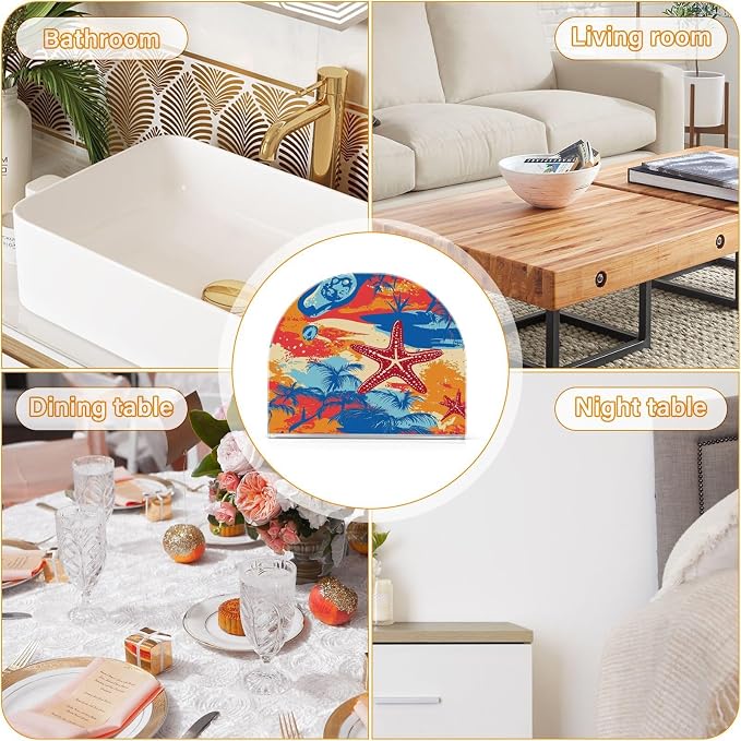 Napkin Holder Acrylic Napkin Holder for Table Kitchen Party Restaurant U Shaped Upright Napkin Dispenser Organizer Bright Summer Beach Starfish and Palm Tree