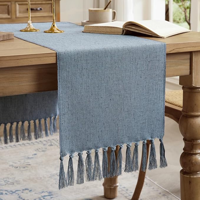 Linen Style Rustic Table Runner, Farmhouse Cotton Linen Table Runner, Boho Table Runners 60 Inches Long with Hand Tassels for Home Tabletop Decor and Everyday Use - Dusty Blue, 60 Inch
