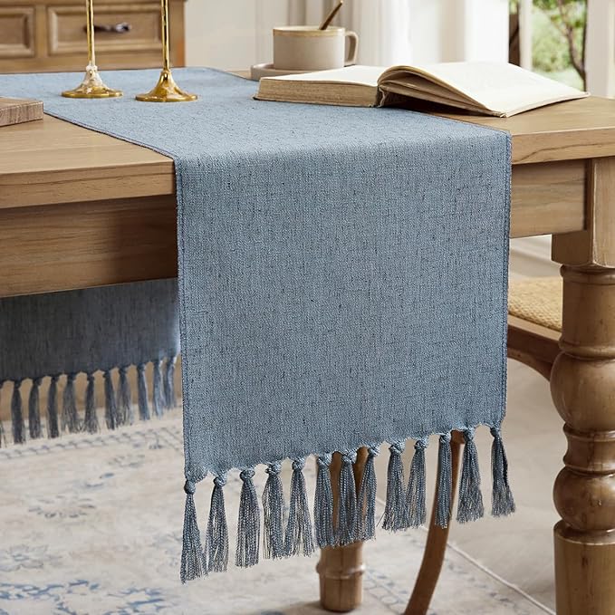 Linen Style Rustic Table Runner, Farmhouse Cotton Linen Table Runner, Boho Table Runners 90 Inches Long with Hand Tassels for Home Tabletop Decor and Everyday Use - Dusty Blue, 90 Inch