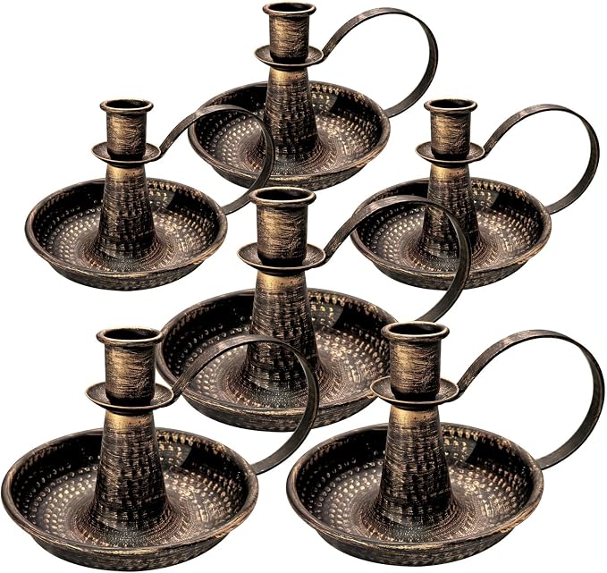 Gold Brass Vintage Candlestick Holders, with Handle, Taper Candle Holder for Candlesticks, for Fireplace Party, Dining, Home, Wedding Decor,Fits 3/4 inch Thick Candle&Led Candles（Set of 6pcs）