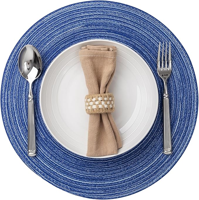 Round Placemats Set of 8 Woven Placemats Washable Braided Table Mats for Dining Table Heat Resistant Non-Slip Circle Place Mats(Royal Blue)