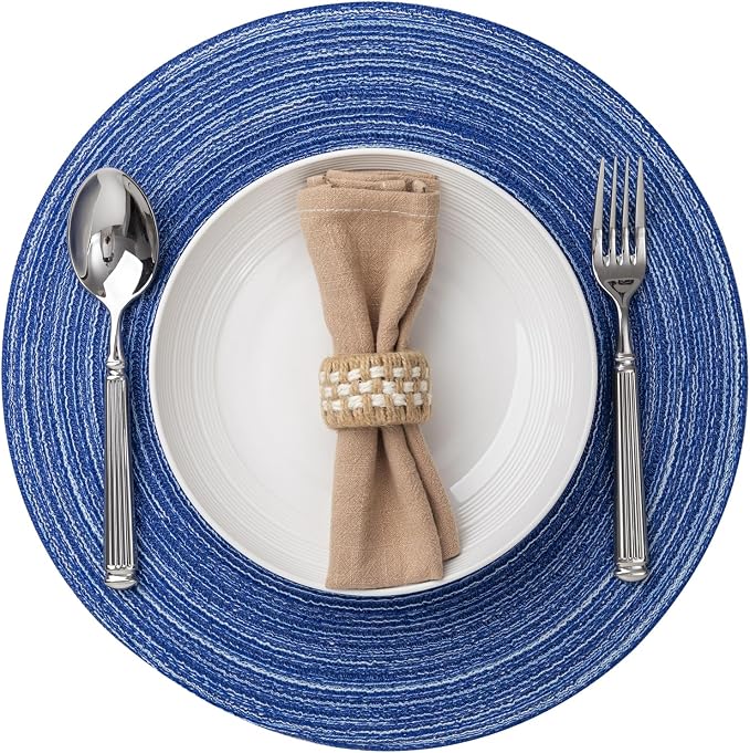 Round Placemats Set of 6 Woven Placemats Washable Braided Table Mats for Dining Table Heat Resistant Non-Slip Circle Place Mats(Royal Blue)