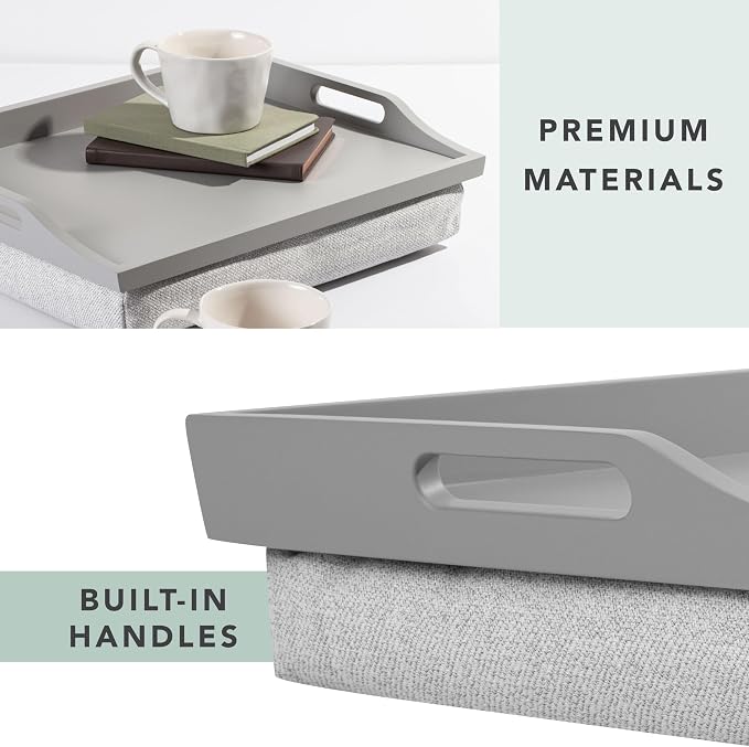 ROSSIE HOME Wood Bed Tray Lap Desk - Set of Two - with Hyacinth Storage Basket - Calming Gray - Fits up to 15.6 Inch Laptops - Style No. 70105