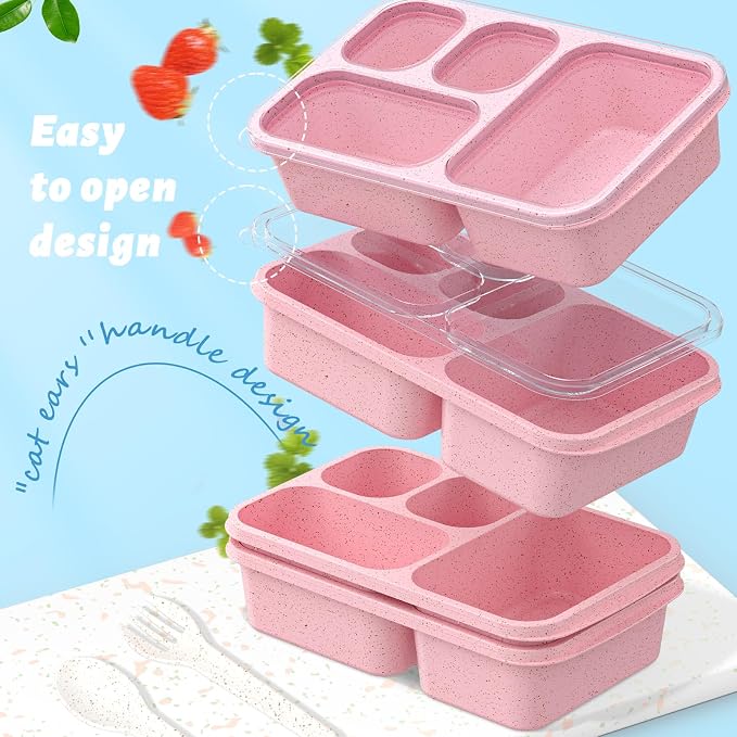 Bento Box 4-Pack 5-Compartment Meal Prep Containers, BPA-Free Plastic, Stackable Food Storage Lunch Boxes for Adults and Kids, School Work Travel (Pink)