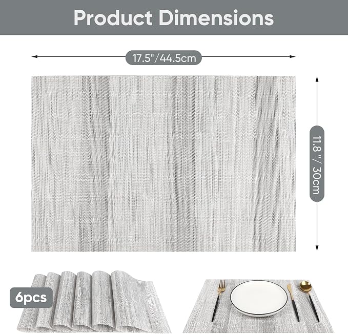 Gray Woven Placemats Set of 6 – Heat Resistant, Waterproof & Easy to Clean – Durable Synthetic Dining Table Mats for Kitchen, Restaurant & Outdoor Use