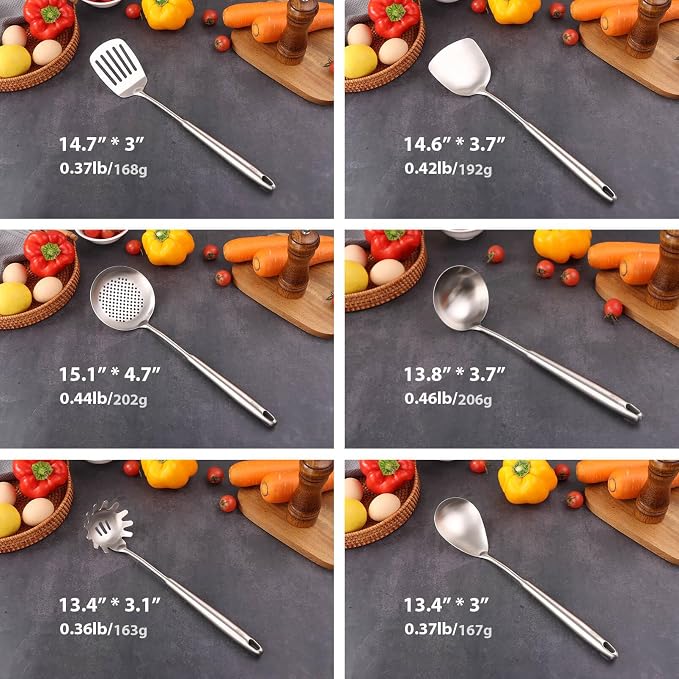 18/10 Stainless Steel Kitchen Utensils Set - 12 PCS All Metal Cooking Tools & 15″ Serving Utensils - Potato Masher, Meat Fork, Tongs, Turner, Pasta, Serving Spoon, Skimmer, Ladle, Spatula Spoon Set
