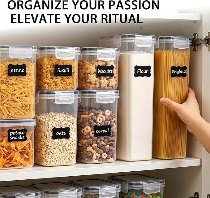 36 PCS Airtight Food Storage Containers with Lids, BPA Free Clear Plastic Kitchen and Pantry Organization and Storage Set for Flour, Sugar, Cereal, Pasta, Includes 36 Labels and Marker