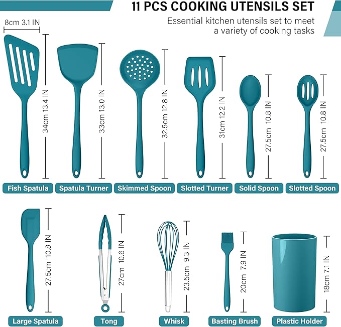 HaWare 11 PCS Silicone Cooking Utensils Set, Heat Resistant Kitchen Utensils with Holder, Food-grade Spatula Sets for Nonstick Cookware, Kitchen Tools Gadgets Include Fish Turner, Spoon (Blue)