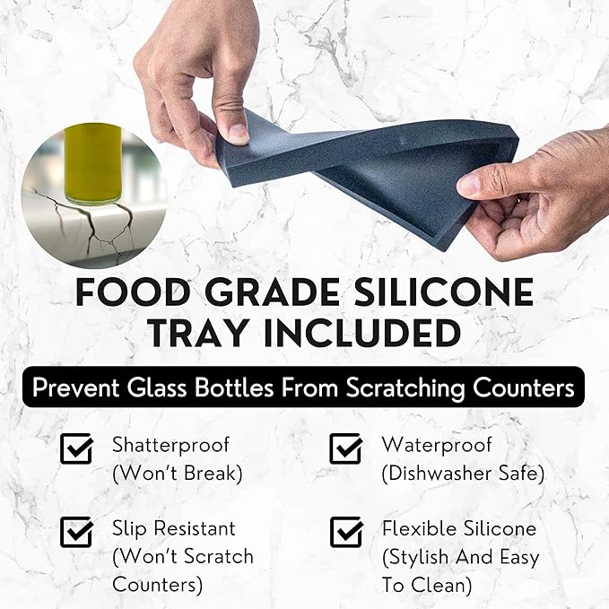Verspace - Clear Glass Olive Oil Dispenser Bottles For Kitchen With Silicone Tray - 2 Pack - 12oz Includes 40 Labels, Soy Sauce Dispenser, Coffee Syrup Dispenser, Olive Oil Bottles Set Of 2, Black