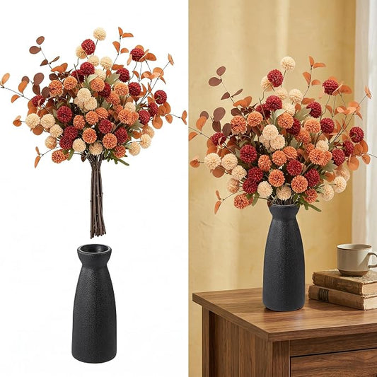 12Pcs Artificial Fall Flowers with Vase, Faux Mums and Eucalyptus Silk Flower Arrangement, Burnt Orange & Caramel Autumn Floral Decor for Table Centerpiece Home, Unbreakable Matte Black Vase,21.6"Tall