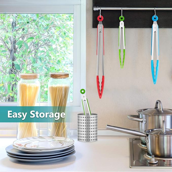 Kitchen Tongs Set of 3, Cooking Tongs with Silicone Tips, Non-Stick Non-Scratch Heat Resistant Tongs for Grilling Cooking BBQ Salad Serving (Multicolor, 7/9/12 Inch)