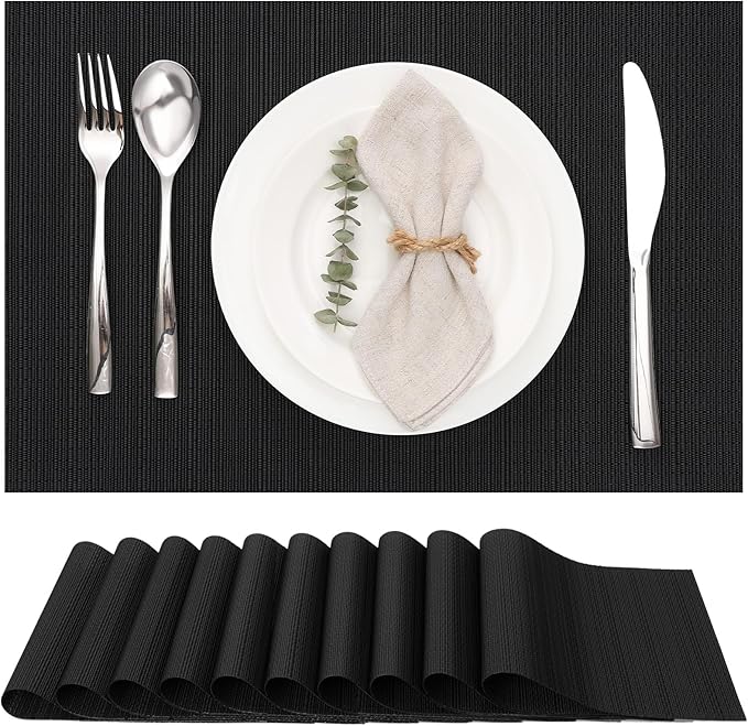 Myir JUN Placemats Set of 10, Vinyl Woven Placemats Place Mats Indoor Set of 10 Washable Table Mats Non-Slip Place mats for Dining Table (Black)
