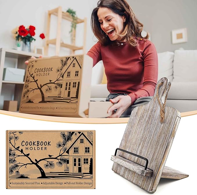 Cookbook Stand Recipe Book Holder for Kitchen Counter, Solid Wood Wooden Recipe Stand Keeps Cookbooks Open, Fits iPad & Tablet, Book Holder for Cooking, Kitchen & Dining Room