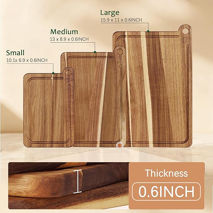 3 Pack Cutting Board Set, Acacia Wood Cutting Boards for Kitchen, Chopping Board with Deep Juice Grooves & Built-in Handle, Charcuterie & Chopping for Meat, Vegetables and Cheese