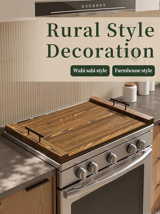 Wooden Stove Top Cover: Noodle Board Stove Cover for Electric and Gas Stove, Farmhouse Kitchen Counter Organizer, Charcuterie Board and Serving Tray with Handles, 30" x 22" x 0.6"