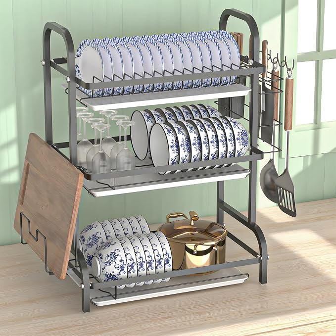 Large Dish Drying Rack Multifunctional 3 Tier Dish Rack with Drain Tray, Dish Drainer for Kitchen Counter with Drainboard/Utensil/Cup Holder Rust Proof Carbon Steel