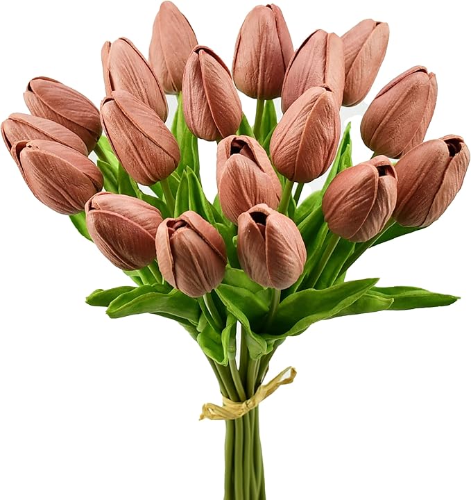 Mandy's Mauve Artificial Tulips Flowers Centerpiece, 13.5" Lifelike PU Fake Floral Stems 20pcs for Kitchen Island & Dining Table, Spring Decor for Easter
