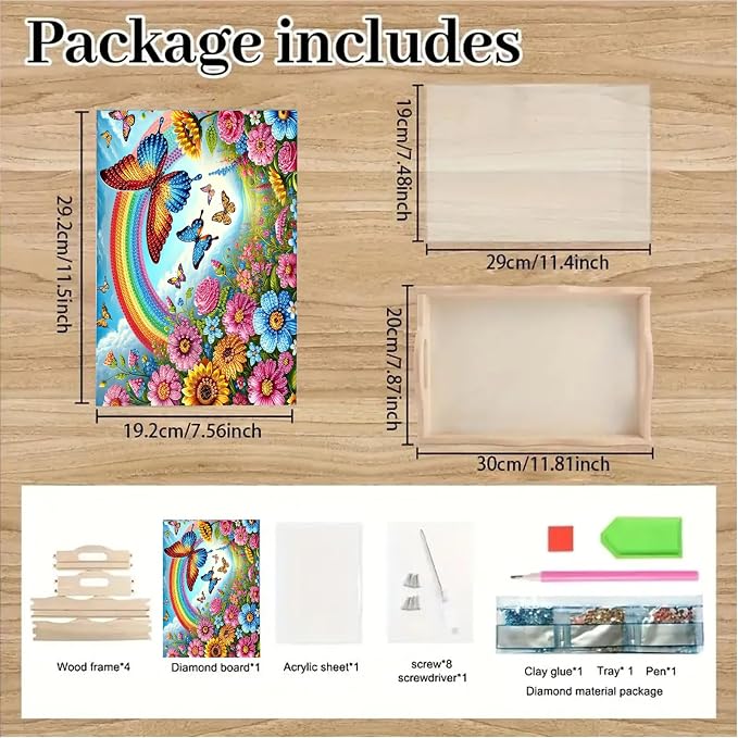 BAYUNOE DIY Diamond Serving Tray Rectangular Breakfast Tray with Handle Handmade Diamond Art Painting Wooden Tray Spring Creative Dinner Plate Coffee Room Living Home Organizer-Rainbow Butterfly Bush