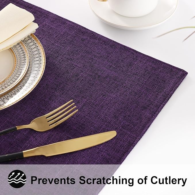 homing Faux Cotton Linen Placemats Set of 6, Cloth Washable Farmhouse Dining Table Mats for Indoors & Outdoors, Easy to Clean, Purple, 13 x 19 Inch